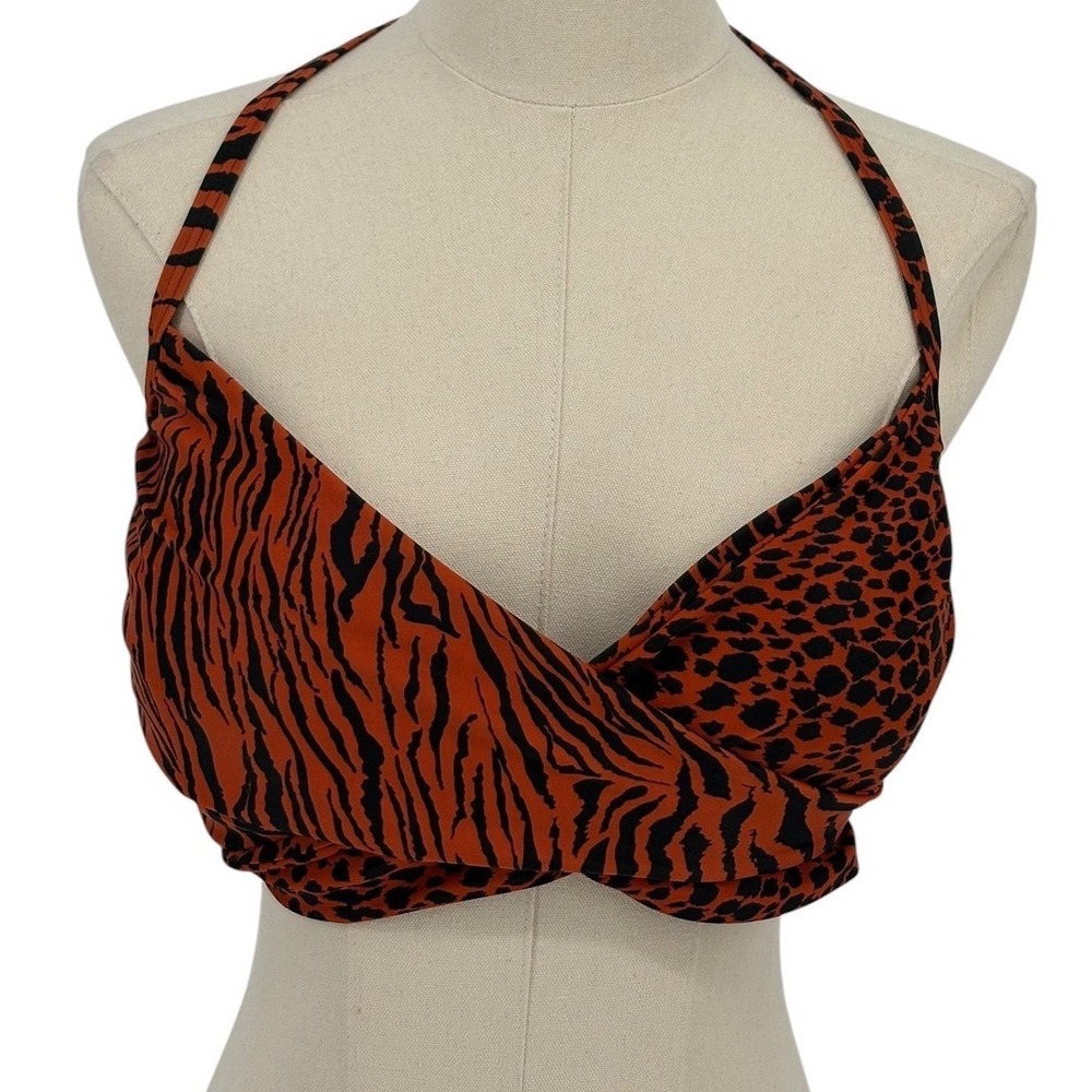 Victoria's Secret Bikini Top Orange Mixed Animal Print Wrap Halter 34DDD